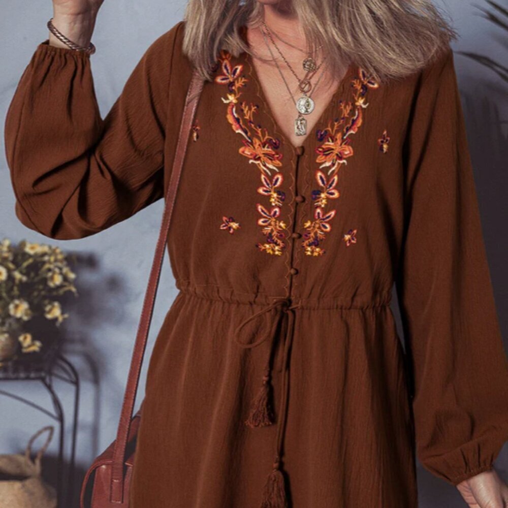 Burnt Orange Embroidered Tassel Tie Mini Dress Long Sleeves Boho Spring Festival